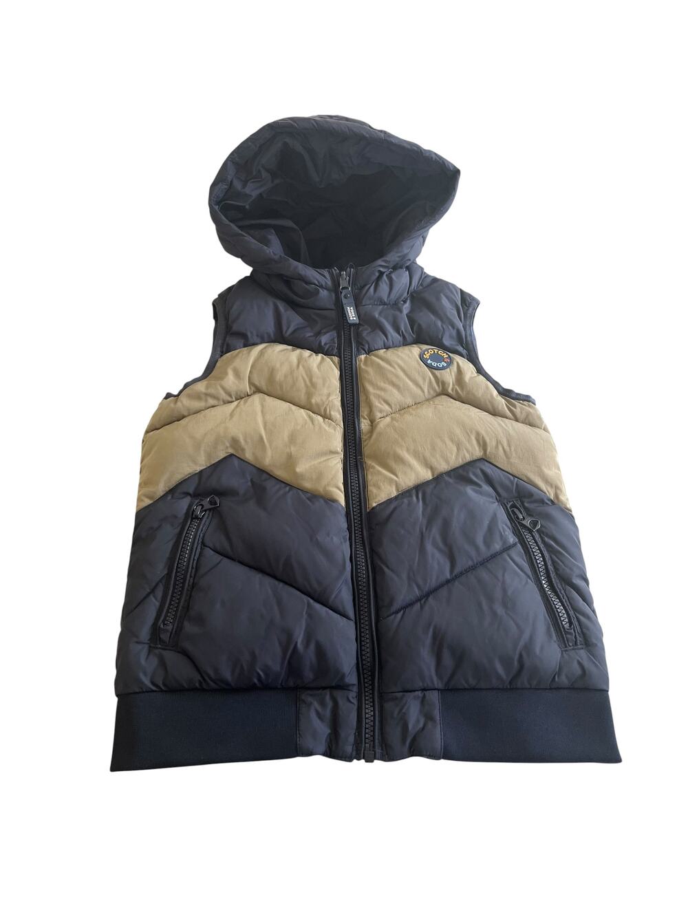 Scotch & Soda Boys Reversible Chevron Hooded Puffer Vest Khaki Navy EUC size 8